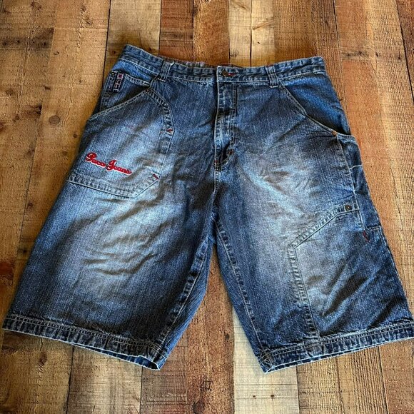 Vintage Y2K Poco Jeans Denim Cargo Shorts Size 40 Embroidered Logo & Pockets - Picture 1 of 13